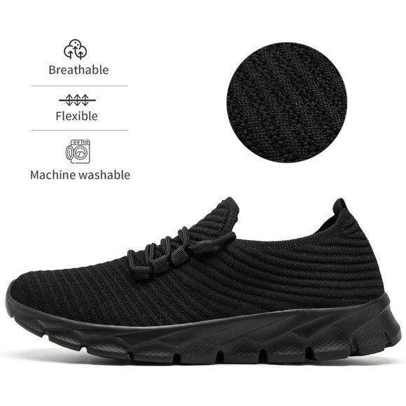 Men's Black Gym Sneaker Running Breathable Lightweight Walking Slip on Shoes - Picture 3 of 6